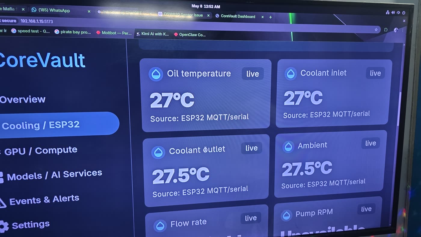 CoreVault live dashboard — ESP32 cooling telemetry